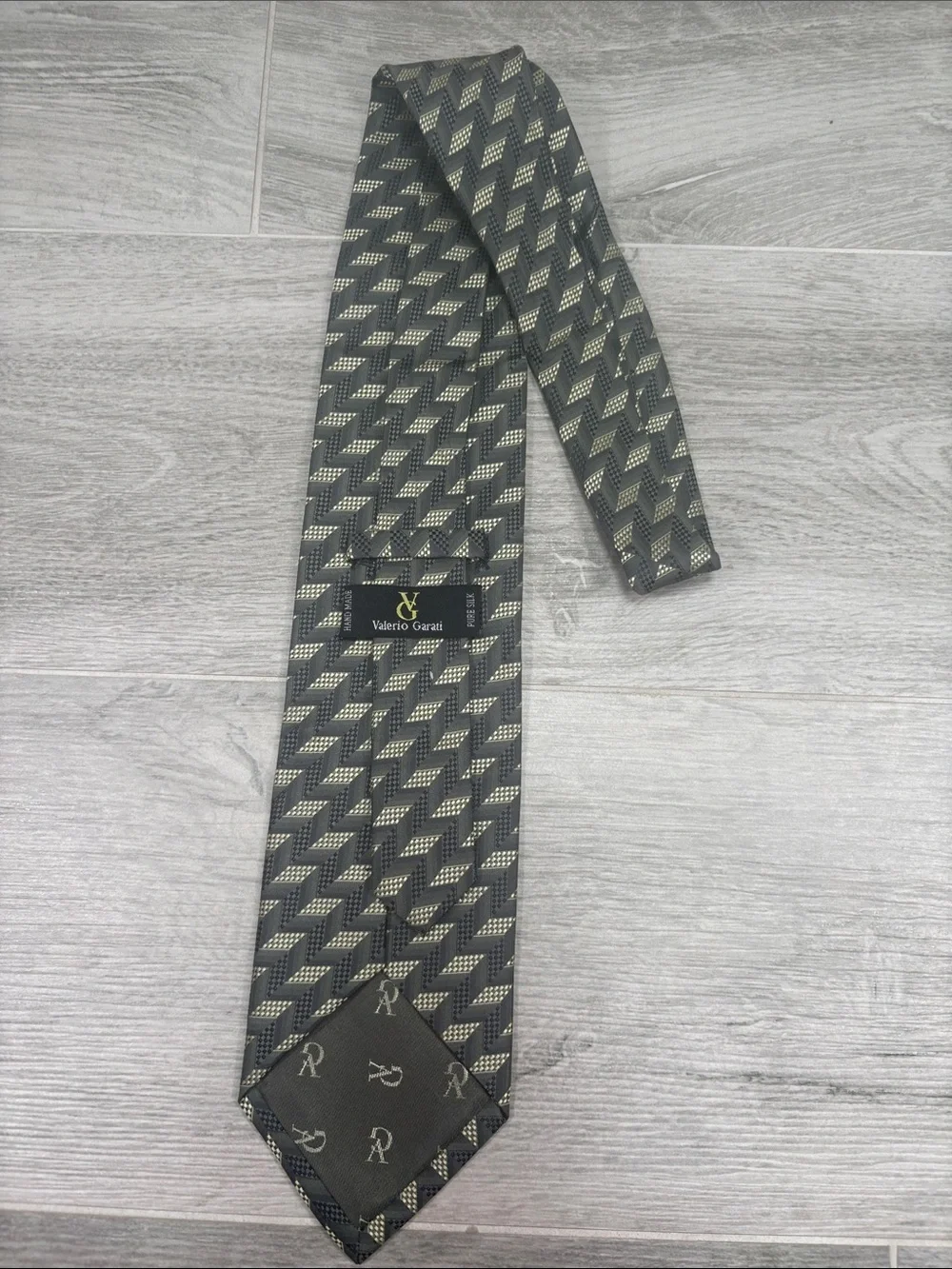 Valerio Garati Silk Tie Geometric 3D Optical Illusion Gray Khaki Gold Handmade